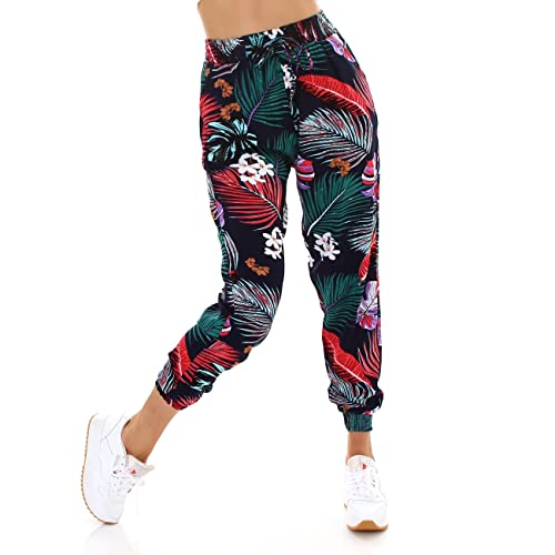 Jela London Damen High-Waist Sommerhose Freizeithose Strandhose dünn Blumen atmungsaktiv Relaxed, Schwarz 38-40 von Jela London