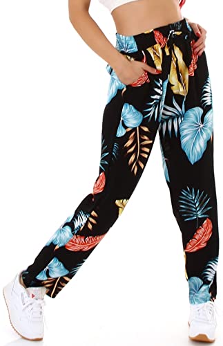 Jela London Damen High-Waist Sommerhose Palazzohose dünn Blumen atmungsaktiv Relaxed, 102 Schwarz 40-42 von Jela London