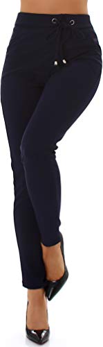 Jela London Damen High-Waist Stretch-Hose Taillenhose Deko-Kordel Asymmetrischer Bund, Blau 38-40 (L/XL) von Jela London