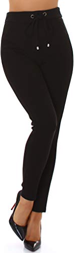 Jela London Damen High-Waist Stretch-Hose Taillenhose Deko-Kordel Asymmetrischer Bund, Schwarz 36-38 (S/M) von Jela London