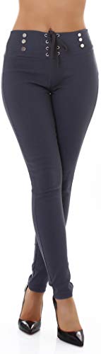 Jela London Damen High-Waist Stretch-Hose Taillenhose Schnürung Slim-Fit, Blaugrau 36-38 (S/M) von Jela London