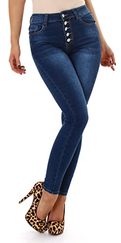 Jela London Damen High Waist Stretch Jeans Knopfleiste Skinny Stone-Washed Slim, Dunkelblau 36-38 von Jela London