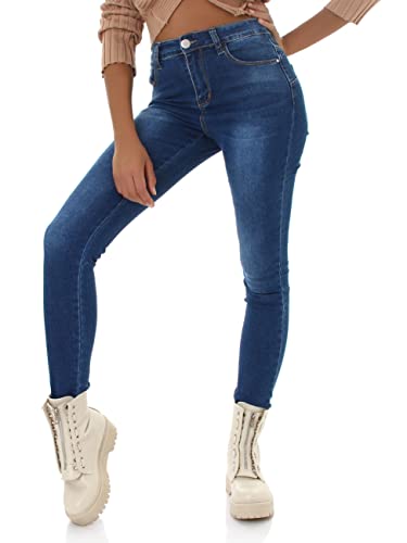 Jela London Damen High Waist Stretch Jeans Skinny Stone-Washed Slim, Blau 32-34 von Jela London