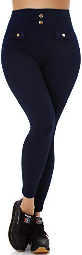 Jela London Damen High Waist Thermo Leggings Fleece gerippt Deko Knöpfe, Blau von Jela London