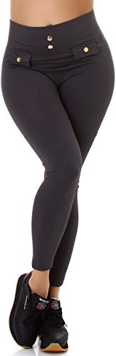 Jela London Damen High Waist Thermo Leggings Fleece gerippt Deko Knöpfe, Grau von Jela London