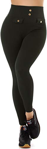 Jela London Damen High Waist Thermo Leggings Fleece gerippt Deko Knöpfe, Grün von Jela London
