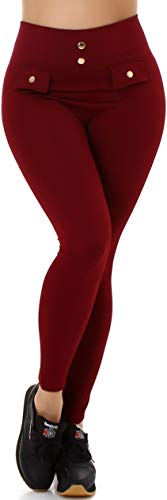 Jela London Damen High Waist Thermo Leggings Fleece gerippt Deko Knöpfe, Rot von Jela London