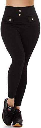 Jela London Damen High Waist Thermo Leggings Fleece gerippt Deko Knöpfe, Schwarz von Jela London