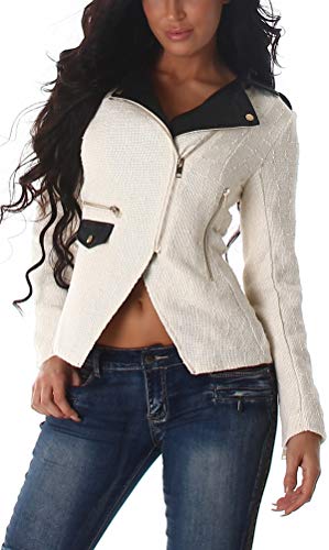 Jela London Damen Jacke kurz bauchfrei Revers Reißverschluss Pattentasche, Cremefarben 38-40 von Jela London