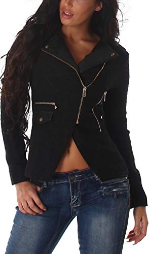 Jela London Damen Jacke kurz bauchfrei Revers Reißverschluss Pattentasche, Schwarz 36-38 von Jela London
