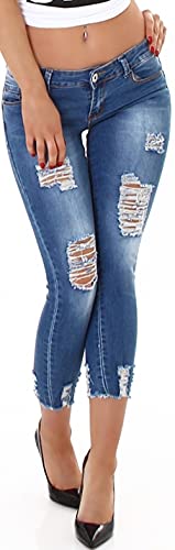 Jela London Damen Jeans Capri Skinny Push Up Stretch Destroyed Risse Löcher Fransen Washed, Hellblau 38-40 von Jela London
