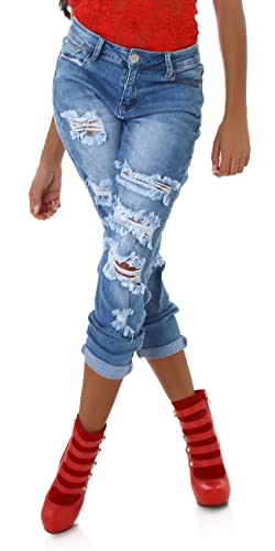 Jela London Damen Jeans Hoher Bund Weites Bein Risse Destroyed Mom-Fit High Waist, Hellblau, 32-34 von Jela London