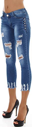 Jela London Damen Jeans Capri Skinny Push Up Stretch Destroyed Risse Glitzer Strass Steinchen Applikation Fransen Washed, Hellblau 34-36 von Jela London