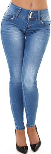 Jela London Damen Jeans Skinny Push Up Stretch Schleife Glitzer Strass Steinchen Applikation Washed Bleached, Hellblau 34-36 von Jela London