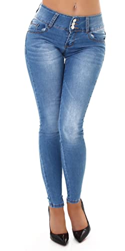 Jela London Damen Jeans Knopfleiste Hoher Bund Skinny Stretch Strass-Schleife, Blau 34-36 von Jela London