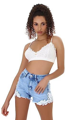 Jela London Damen Jeans Shorts Hot Pants High Waist Fransen Häkel Spitze, Hellblau Bleached 36 von Jela London