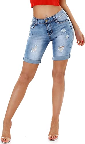 Jela London Damen Jeansshorts Stretch Skinny Destroyed Bleached Umschlagsaum, Hellblau 32-34 von Jela London
