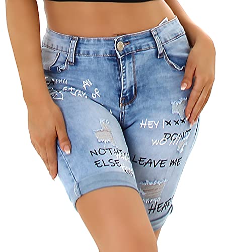 Jela London Damen Jeansshorts Stretch Skinny Spruch Motiv Destroyed Bleached, Hellblau 34-36 von Jela London