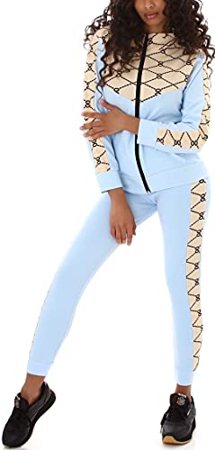 Jela London Damen Jogginganzug Hausanzug Sportjacke High-Waist Jogginghose Muster 141 Gestreift, Blau 34-38 (S/M) von Jela London