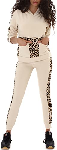 Jela London Damen Jogginganzug Stretch Hausanzug High-Waist Leggings Kapuzen-Pullover Taschen Leopard-Streifen, Beige 34-36 (S/M), Leo 103 von Jela London