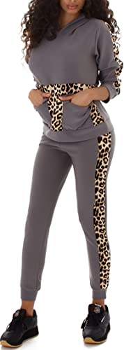 Jela London Damen Jogginganzug Stretch Hausanzug High-Waist Leggings Kapuzen-Pullover Taschen Leopard-Streifen, Grau 38-40 (L/XL) von Jela London