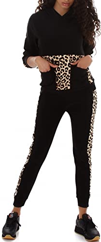 Jela London Damen Jogginganzug Stretch Hausanzug High-Waist Leggings Kapuzen-Pullover Taschen Leopard-Streifen, Schwarz 34-36 (S/M) von Jela London