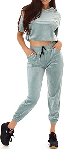 Jela London Damen Jogginganzug Stretch Hausanzug High-Waist Leggings Kapuzen-Pullover bauchfrei, Grün 34-36 (S/M) von Jela London