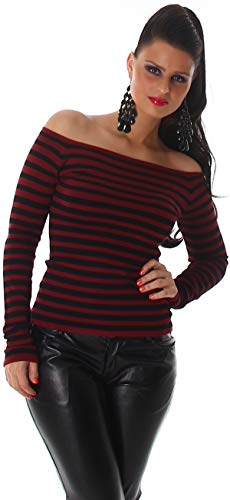 Jela London Damen Kurzer Pullover Stretch Feinripp Streifen Eckiger Ausschnitt Langarm Slim-fit Skinny Pulli, Herbstrot 34 36 38 von Jela London