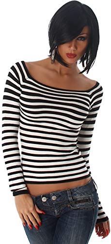 Jela London Damen Kurzer Pullover Stretch Feinripp Streifen Eckiger Ausschnitt Langarm Slim-fit Skinny Pulli, Schwarz 34 36 38 von Jela London