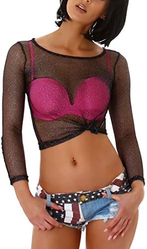 Jela London Damen Langarm Netzshirt GoGo Glitzer transparent, Schwarz 36 (M) von Jela London