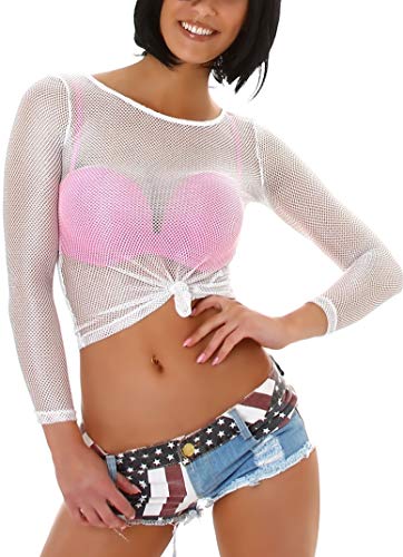 Jela London Damen Langarm Netzshirt GoGo Glitzer transparent, Weiß 38 (L) von Jela London