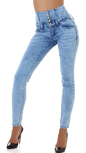 Jela London Damen Lange High Waist Stretch Jeans Knopfleiste Bodycon, Hellblau 40 von Jela London