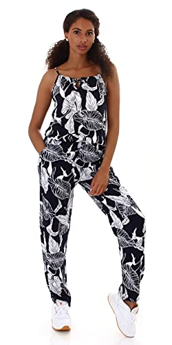 Jela London Damen Langer Overall Onesie Jumper Jumpsuit V-Ausschnitt Träger verstellbar Taschen Blätter, Navy 40-42 (L/XL) von Jela London