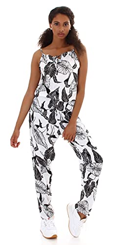 Jela London Damen Langer Overall Onesie Jumper Jumpsuit V-Ausschnitt Träger verstellbar Taschen Blätter, Weiß 36-38 (S/M) von Jela London