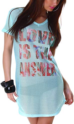 Jela London Damen Longshirt Netz Mesh T-Shirt transparent Tunika Love, Türkis Einheitsgröße (36-38) von Jela London