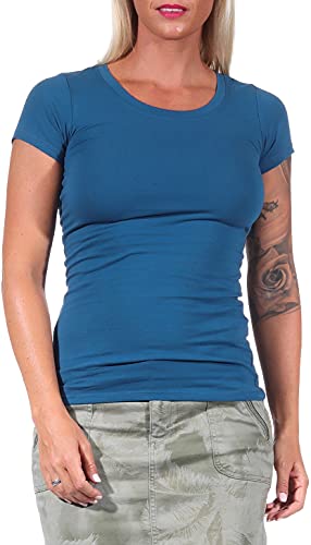 Jela London Damen Basic Longshirt T Shirt lang Stretch Rundhals Kurzarm einfarbig, Blau 37, 34-36 (M) von Jela London