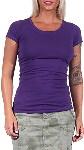 Jela London Damen Basic Longshirt T Shirt lang Stretch Rundhals Kurzarm einfarbig, Lila 140, 40-42 (XXL) von Jela London