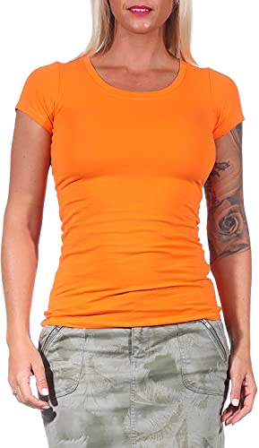 Jela London Damen Basic Longshirt T Shirt lang Stretch Rundhals Kurzarm einfarbig, Orange 144, 36-38 (L) von Jela London