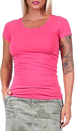 Jela London Damen Basic Longshirt T Shirt lang Stretch Rundhals Kurzarm einfarbig, Pink 167, 34-36 (M) von Jela London