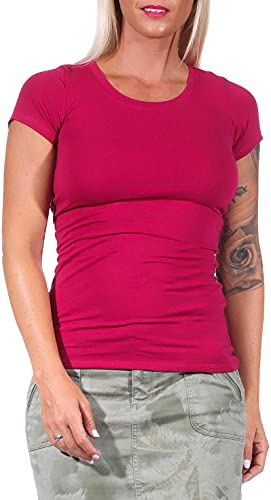 Jela London Damen Basic Longshirt T Shirt lang Stretch Rundhals Kurzarm einfarbig, Weinrot 150, 36-38 (L) von Jela London