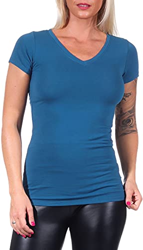 Jela London Damen Basic Longshirt T Shirt lang Stretch V-Ausschnitt Kurzarm einfarbig, Blau 37, 34-36 (M) von Jela London