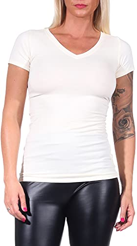 Jela London Damen Basic Longshirt T Shirt lang Stretch V-Ausschnitt Kurzarm einfarbig, Gelb 32, 36-38 (L) von Jela London