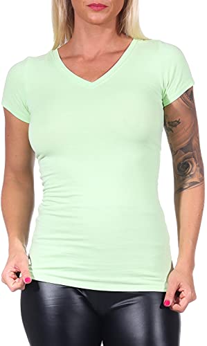 Jela London Damen Basic Longshirt T Shirt lang Stretch V-Ausschnitt Kurzarm einfarbig, Grün 98, 36-38 (L) von Jela London