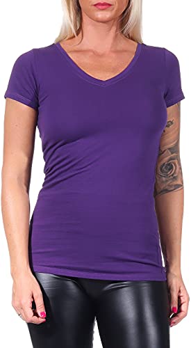 Jela London Damen Basic Longshirt T Shirt lang Stretch V-Ausschnitt Kurzarm einfarbig, Lila 140, 34-36 (M) von Jela London