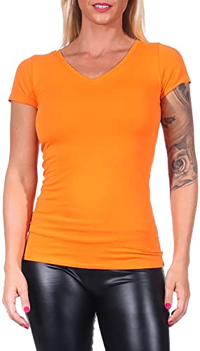 Jela London Damen Basic Longshirt T Shirt lang Stretch V-Ausschnitt Kurzarm einfarbig, Orange 144, 34-36 (M) von Jela London