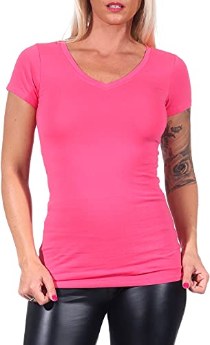 Jela London Damen Basic Longshirt T Shirt lang Stretch V-Ausschnitt Kurzarm einfarbig, Pink 167, 34-36 (M) von Jela London