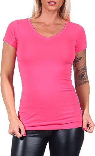 Jela London Damen Basic Longshirt T Shirt lang Stretch V-Ausschnitt Kurzarm einfarbig, Pink 167, 36-38 (L) von Jela London