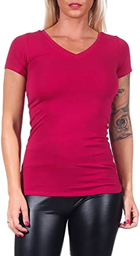 Jela London Damen Basic Longshirt T Shirt lang Stretch V-Ausschnitt Kurzarm einfarbig, Weinrot 150, 34-36 (M) von Jela London