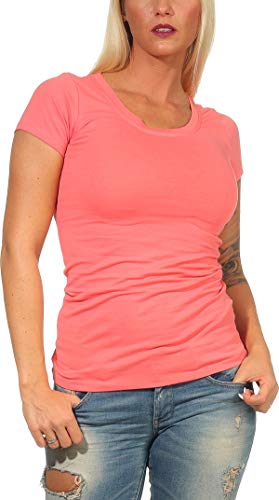 Jela London Damen Basic Longshirt T Shirt lang Stretch Rundhals Kurzarm einfarbig, Apricot 31, 34-36 (M) von Jela London