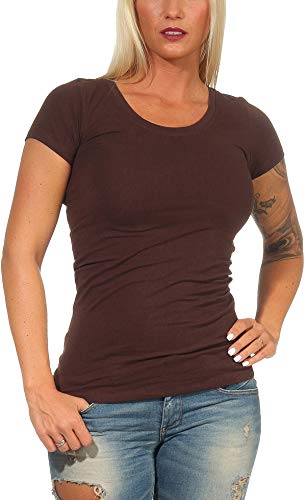 Jela London Damen Basic Longshirt T Shirt lang Stretch Rundhals Kurzarm einfarbig, Braun 139, 34-36 (M) von Jela London